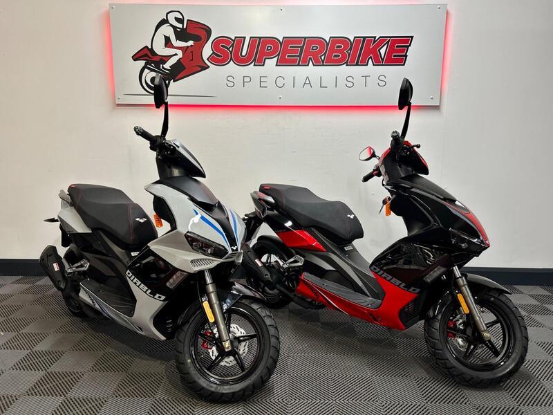 Lexmoto Diablo 50cc scooters in grey and red at the Superbike Specialists showroom, Halifax